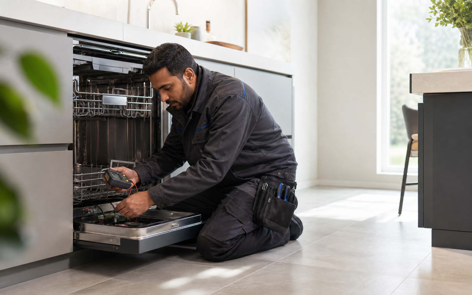 An engineer diagnosing an integrated dishwasher in a modern home kitchen
