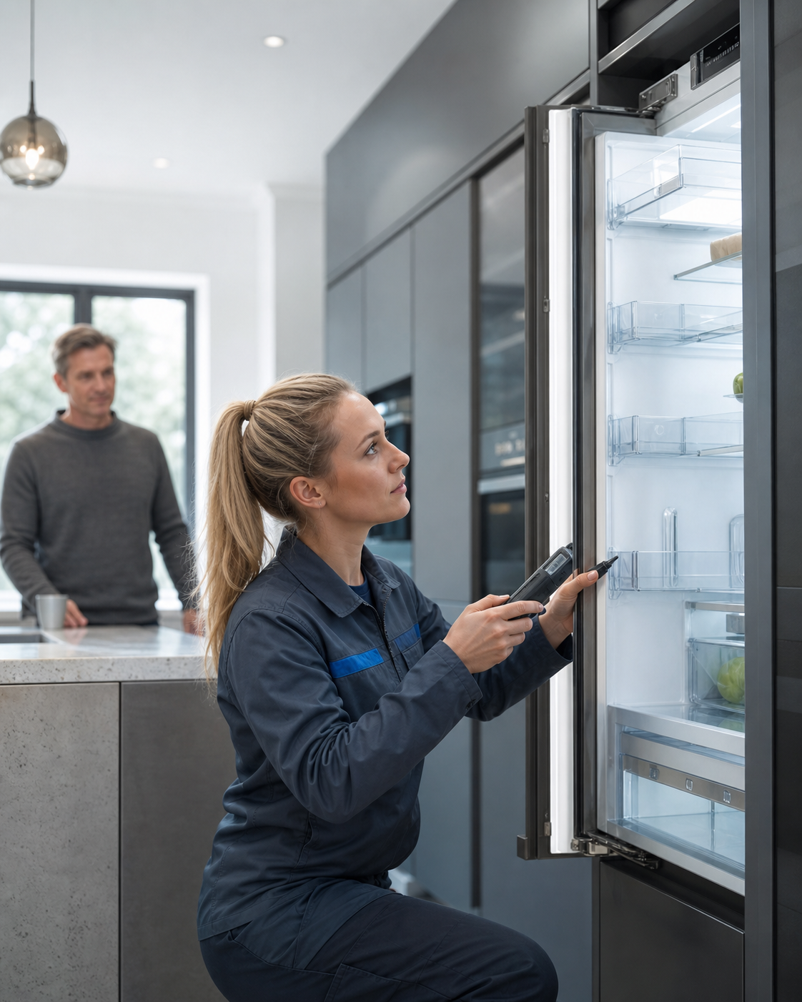 An engineer inspecting an open refrigerator in a contemporary home kitchen