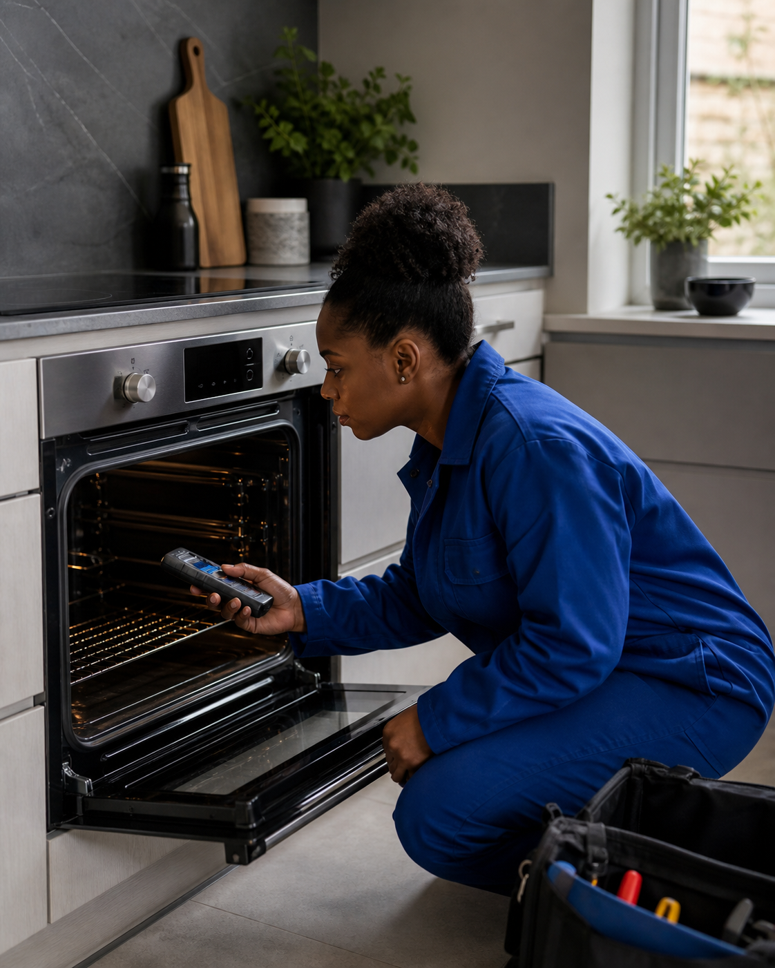 An engineer assessing a built-in oven in a residential kitchen